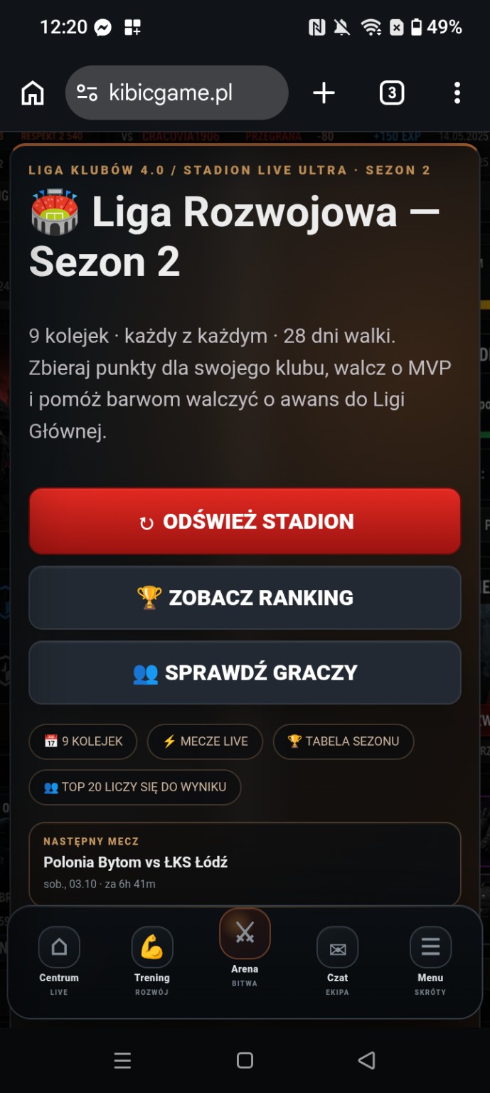 Prawdziwy ekran Ligi Klubów KibicGame.pl