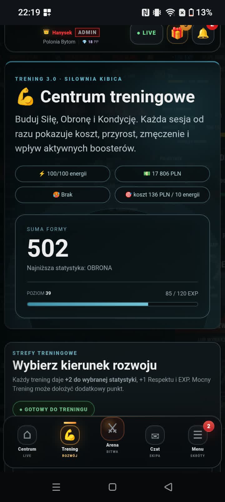 Prawdziwy ekran centrum treningowego KibicGame.pl